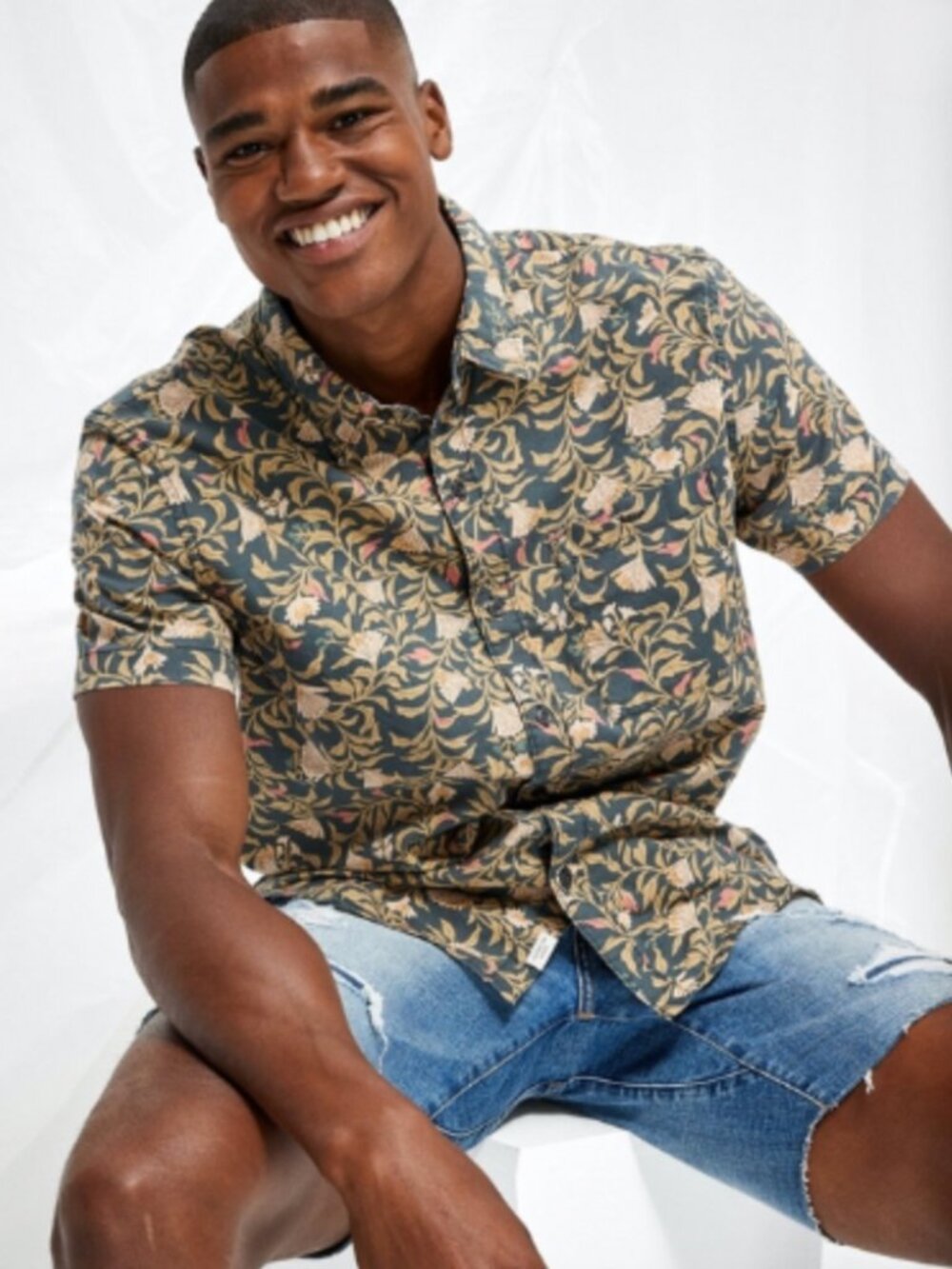 American Eagle Flex Men Grey Floral Short Sleeve Button-Up Shirt Tropical 2XL